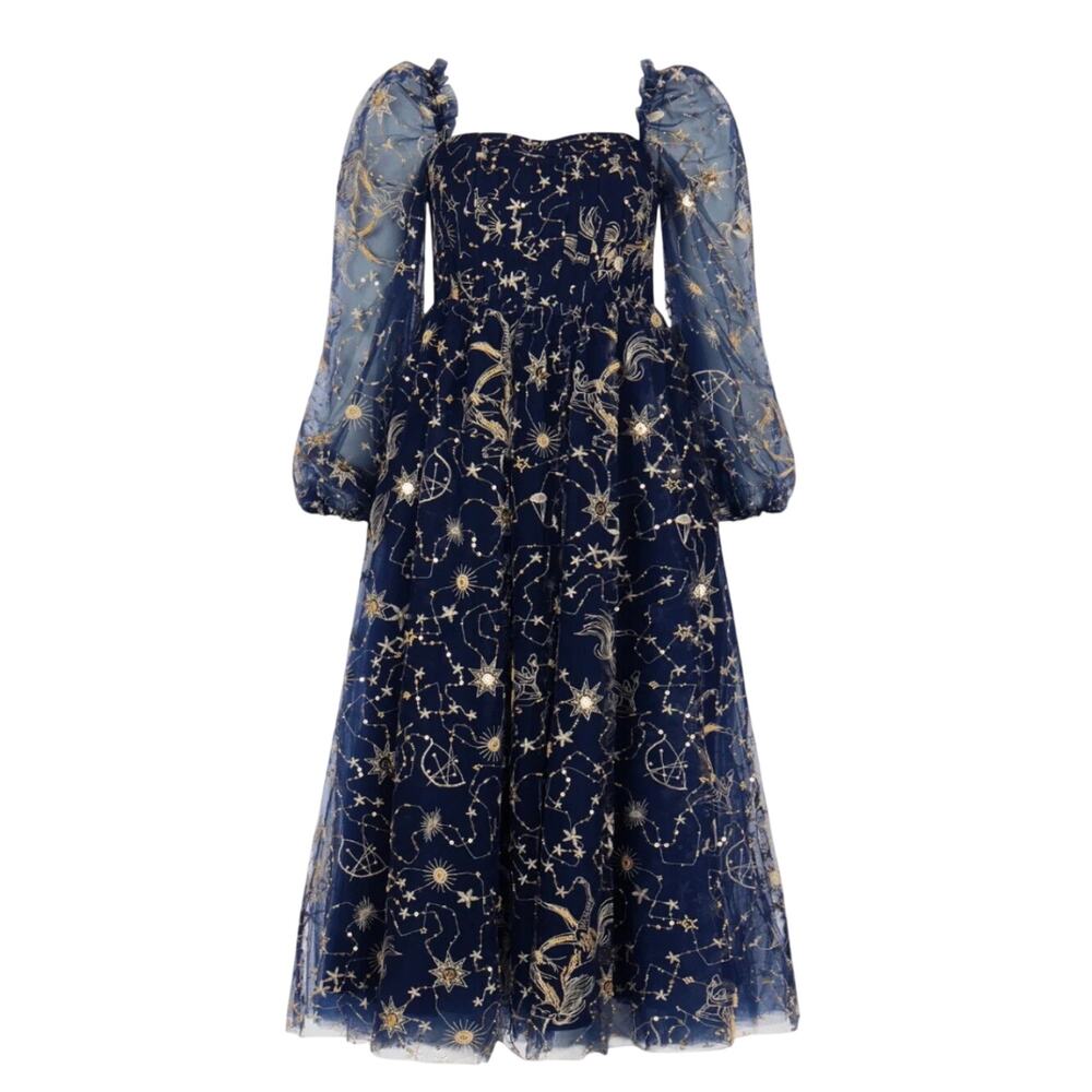 Jessakae Stella Orion Blue Gold Celestial Star Constellation Midi Dress 2